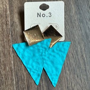 Turquoise statement earrings.  Metal. Triangle.  With gold top.